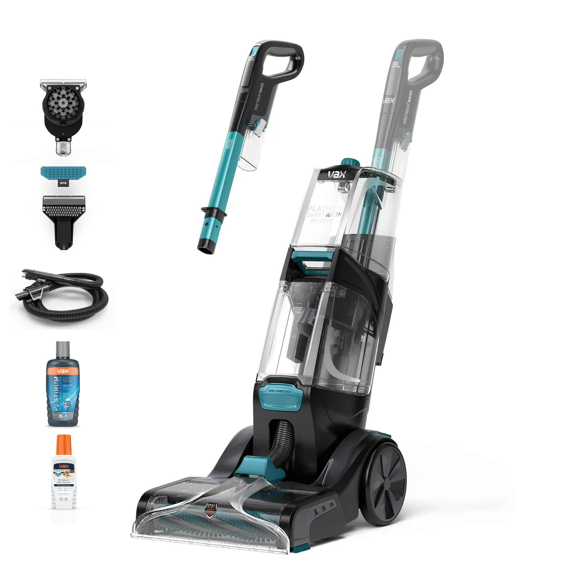 Upright carpet washer with various attachments, designed for pet owners, showcasing a modern and clean aesthetic.